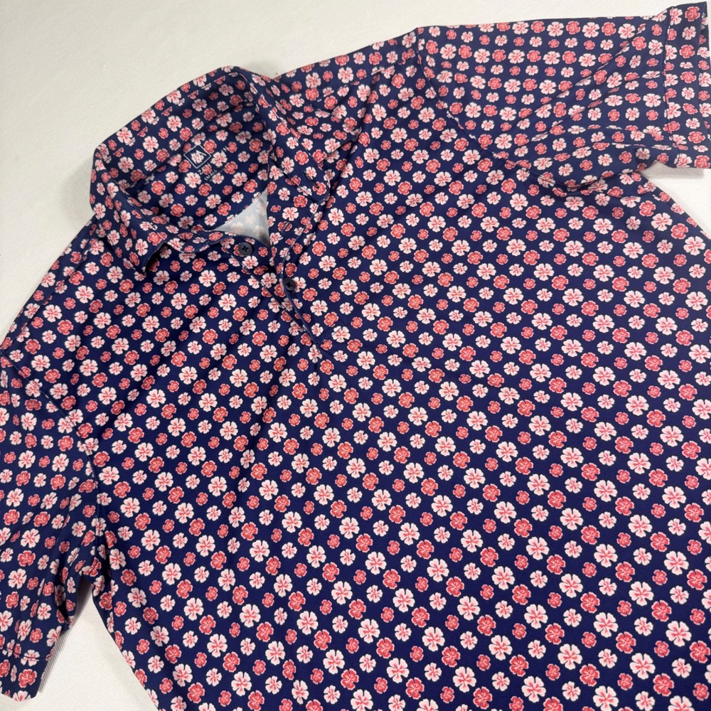 Mizzen + Main Polo Shirt S Navy Blue Floral Short Sleeve Trim Fit Performance - Picture 1 of 11